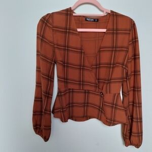 Nasty Gal Orange and Black Plaid Peplum Hem Wrap Blouse Size 2